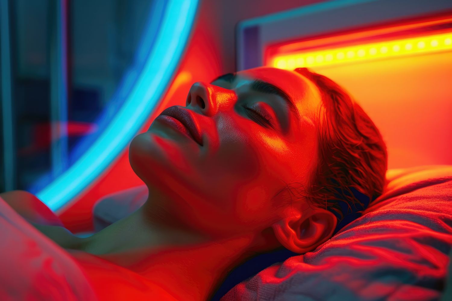 Woman relaxing under red and blue light.