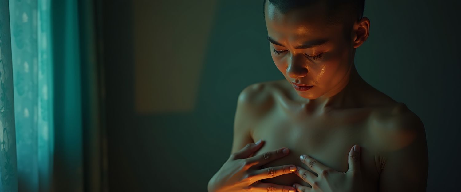 Person in contemplative pose with soft lighting.