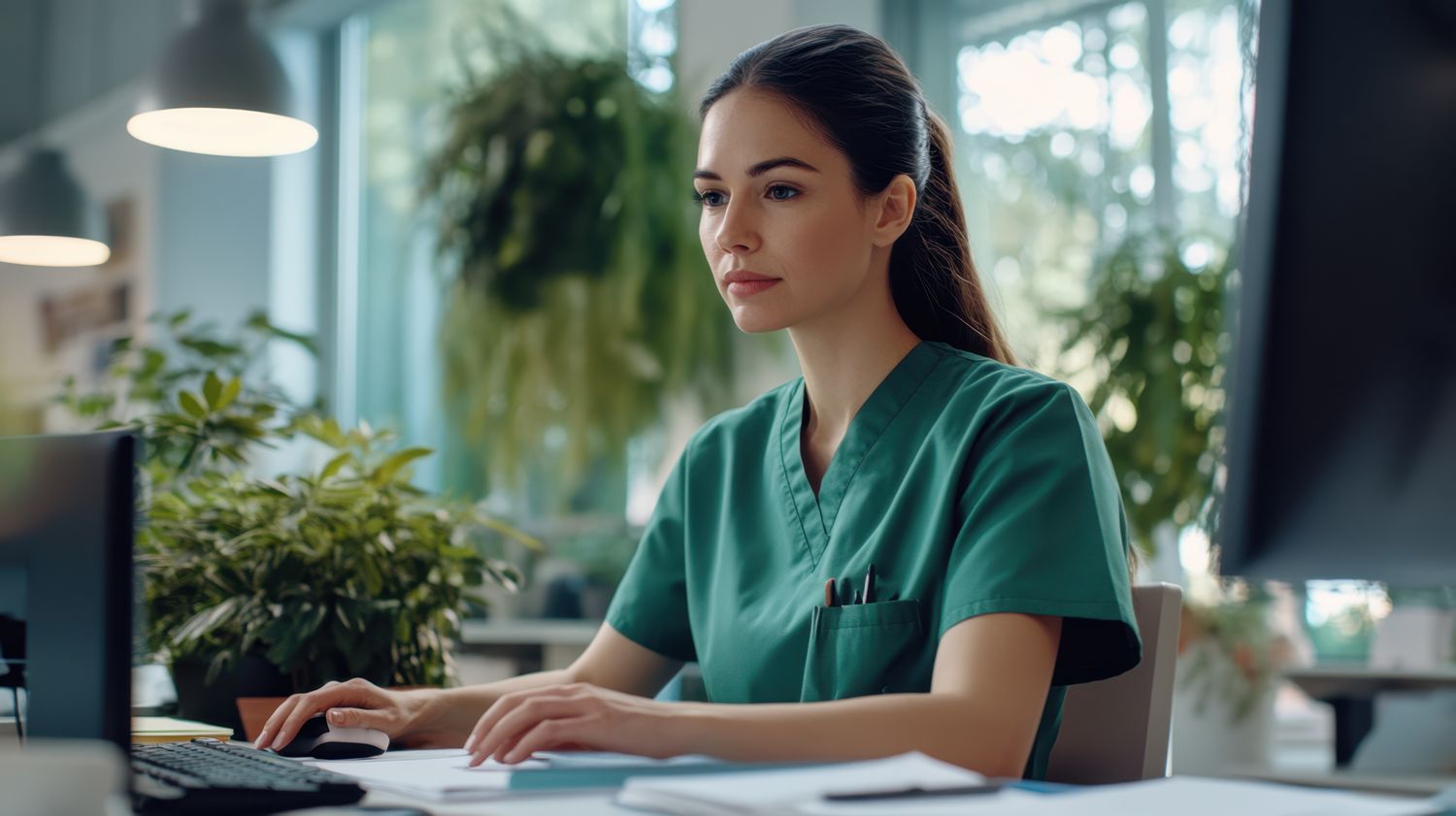 Woman in scrubs working at a computer desk.