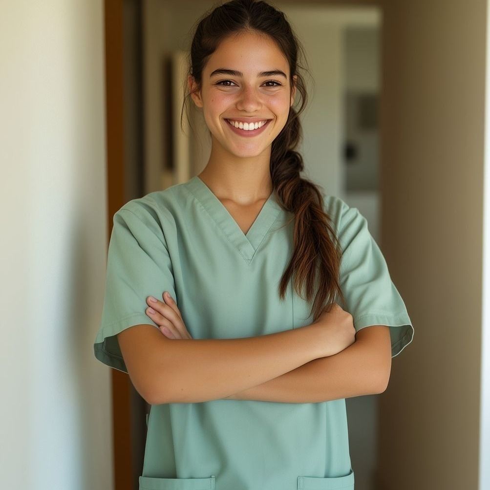 Smiling healthcare professional in scrubs.