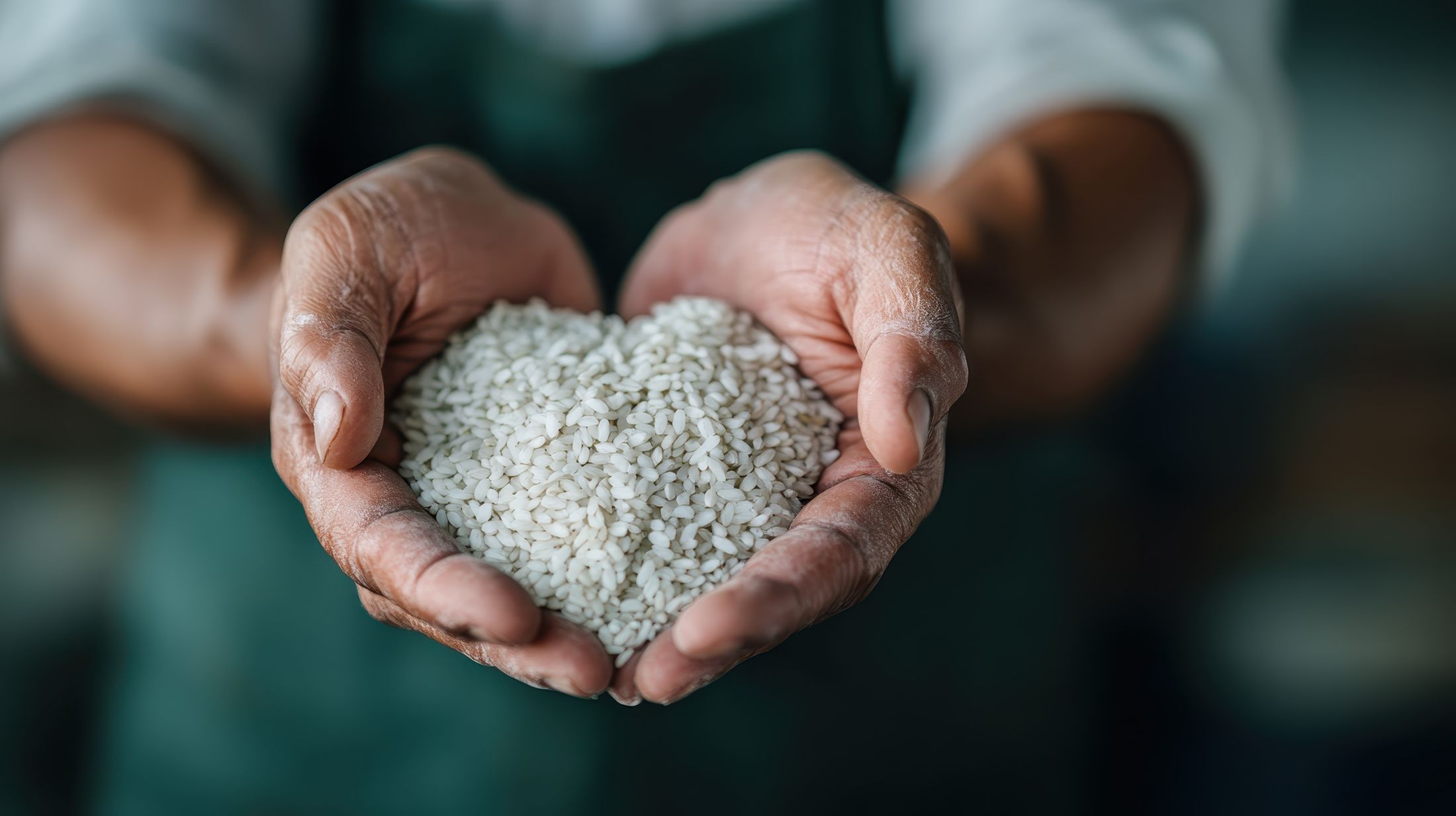 Hands holding a heart-shaped mound of rice.