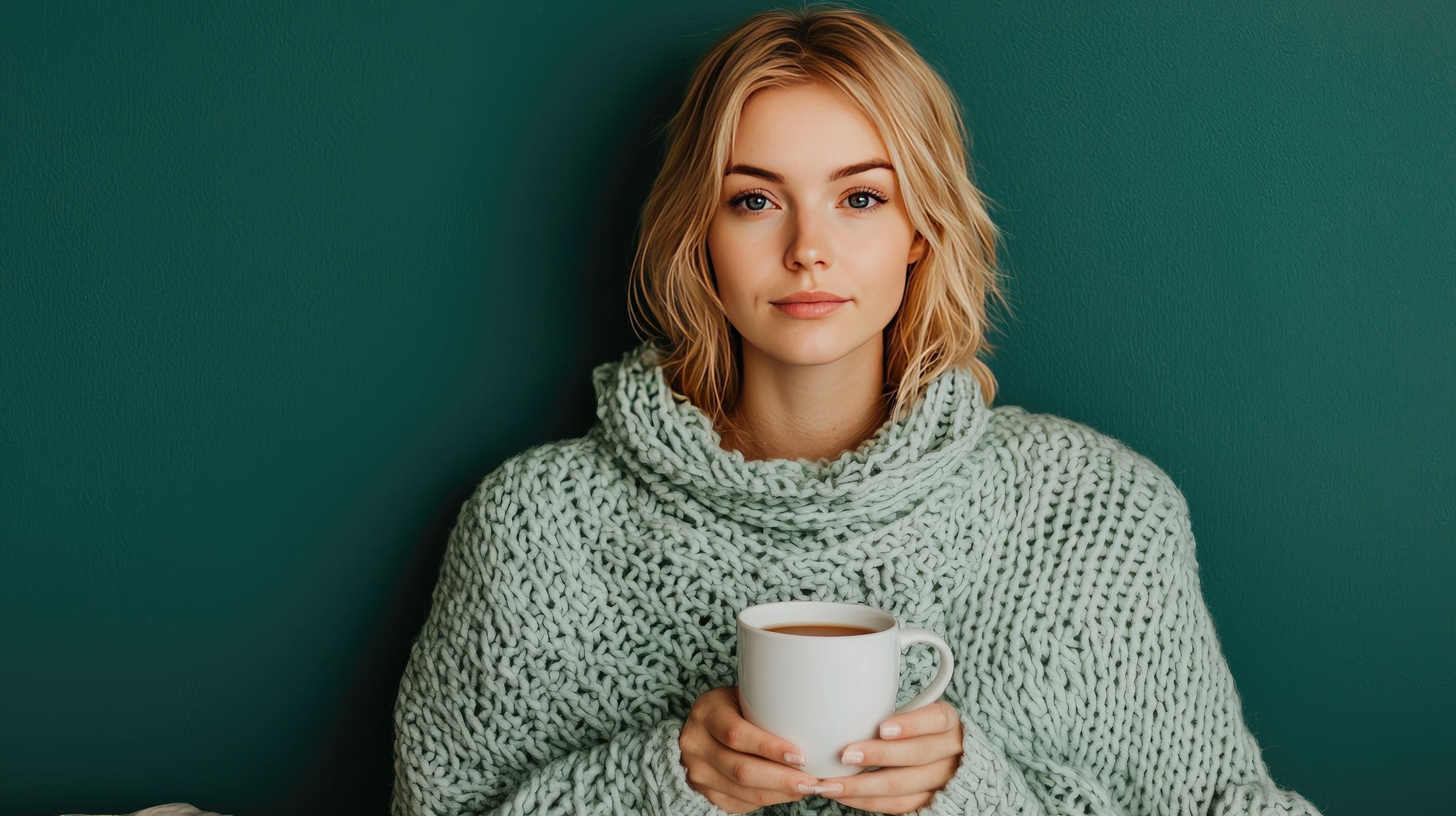 Young woman in cozy sweater holding a cup.