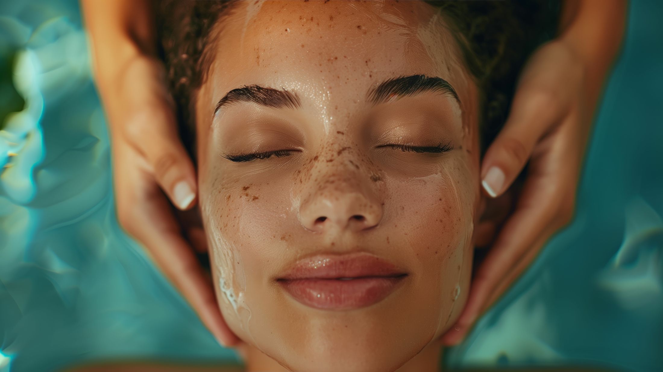 Woman enjoying a facial treatment in water.