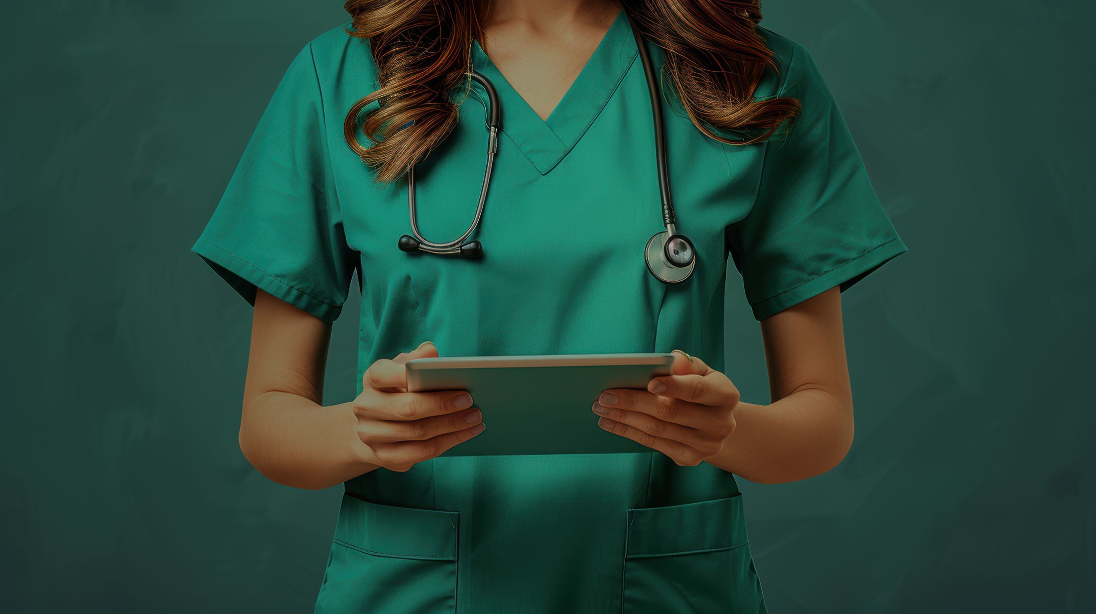 Healthcare professional holding a tablet in scrubs.