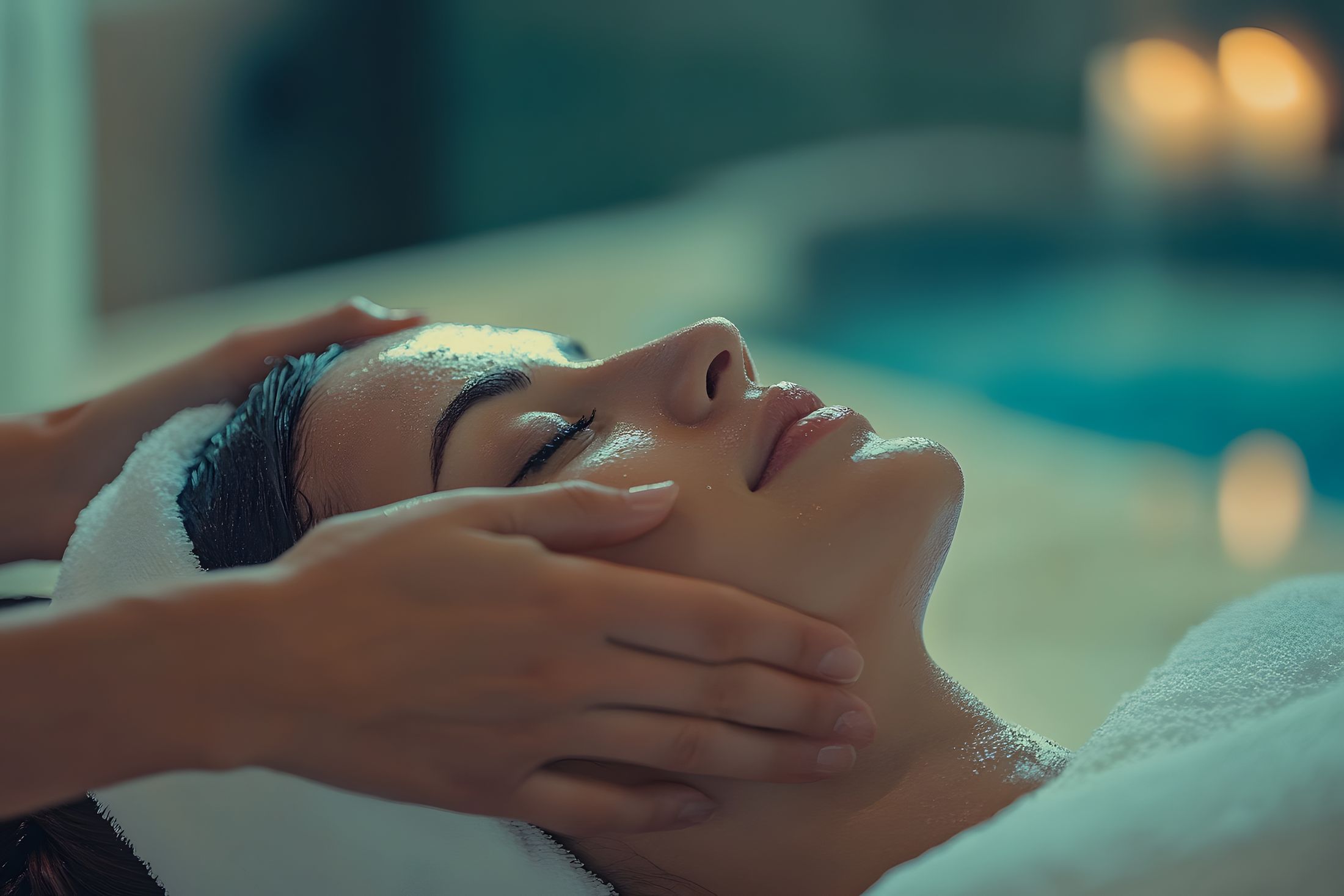 Woman enjoying a facial massage in a spa.
