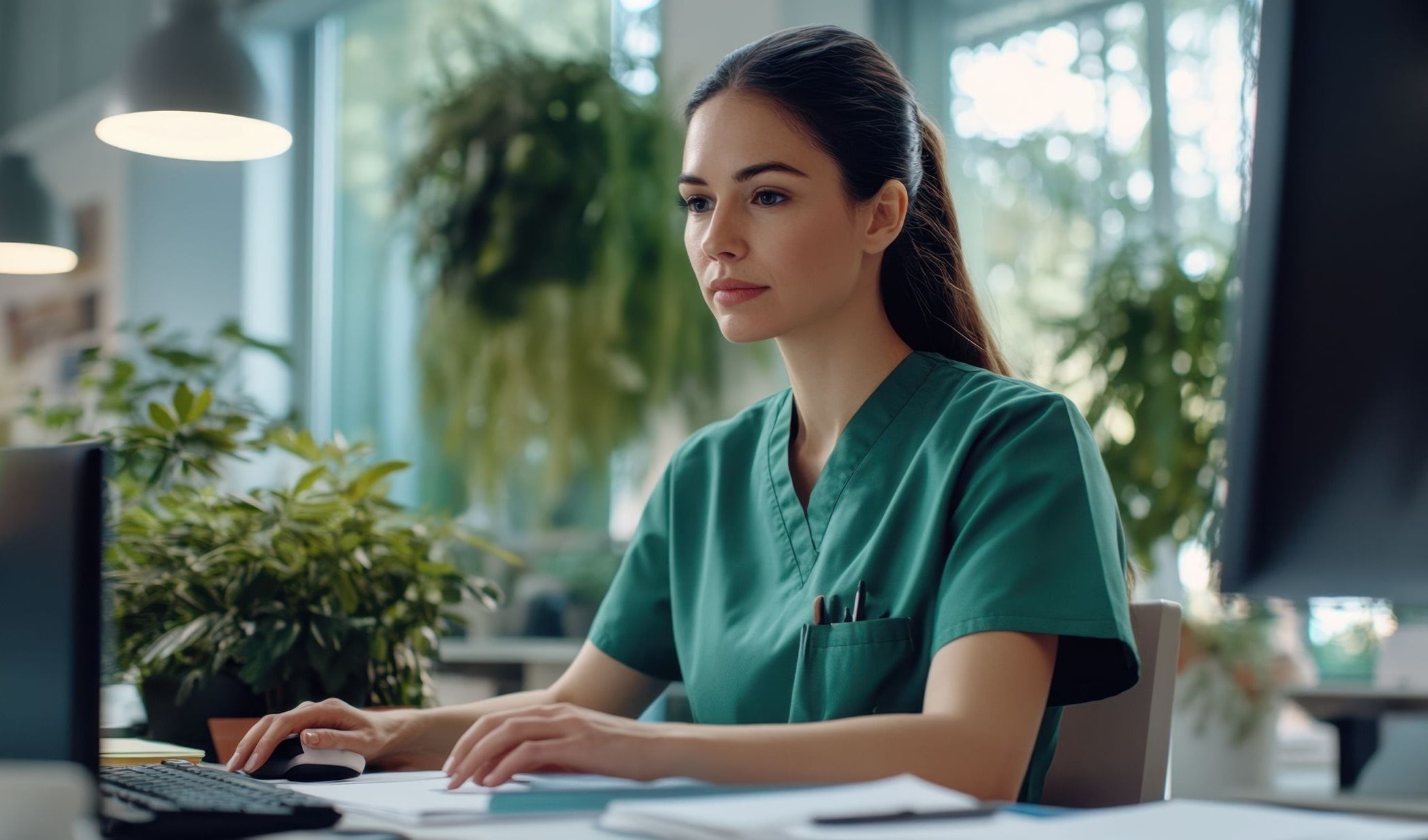 Nurse working at a desk with plants around.